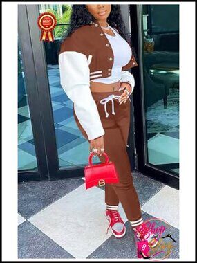 Women's Varsity Jacket Sweatsuit Set Crop Top Jogger Letterman Tracksuit